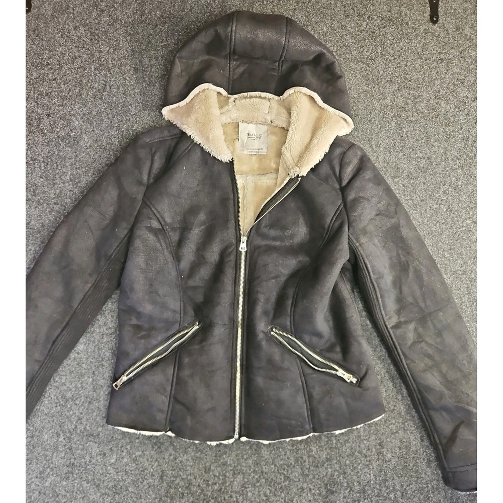 Zara Trafaluc Black Faux Suede Fur Lined Hooded Biker Jacket 7901 219 Womens L